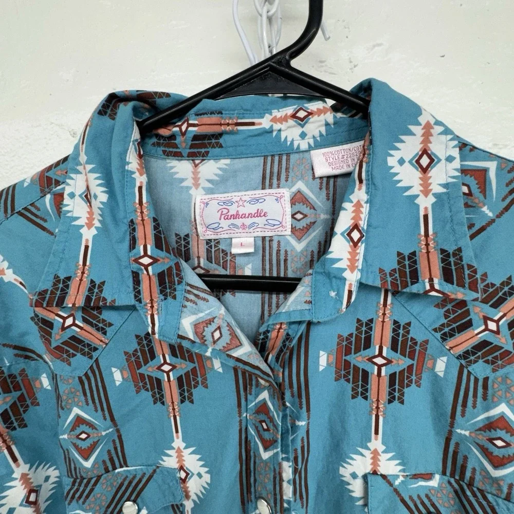 Panhandle Turquoise Shirt Womens Size Lg Blue Turquoise Aztec Pearl Snap Western - Picture 2 of 6